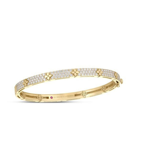 Love In Verona 18K Yellow Gold Diamond Pave & Polished Flower Narrow Bangle