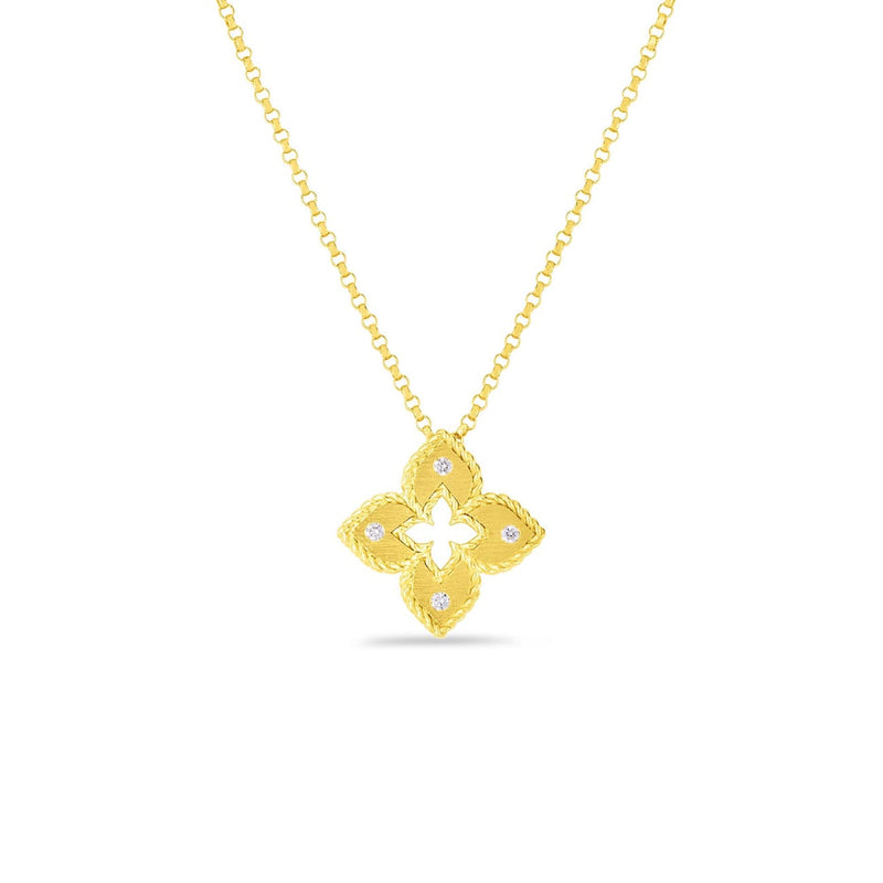 Roberto Coin Jewelry - Princess 18K Yellow Gold Petite Venetian Diamond & Satin Finish Small Flower Necklace | Manfredi Jewels