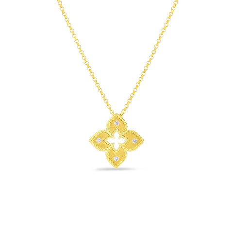 Princess 18K Yellow Gold Petite Venetian Diamond & Satin Finish Small Flower Necklace