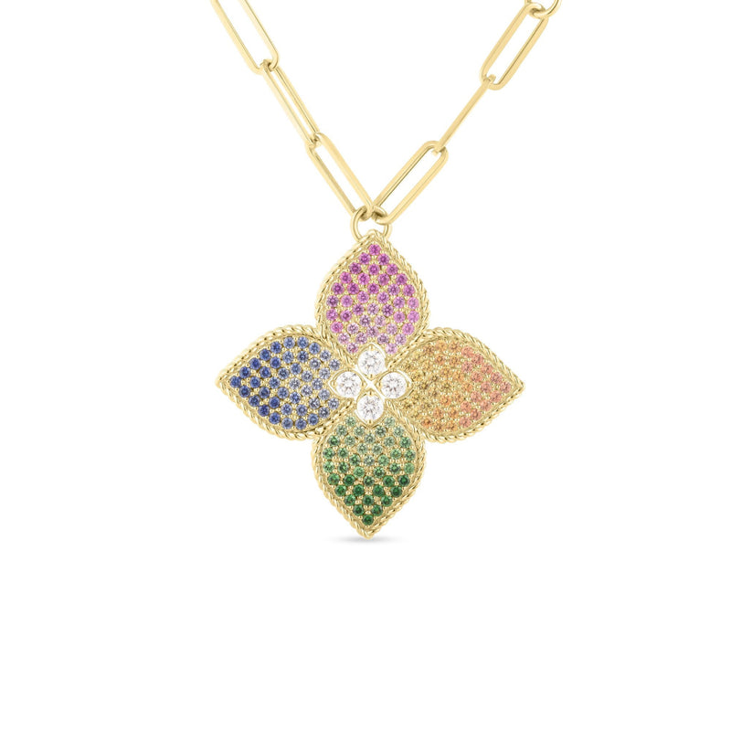 Roberto Coin Jewelry - Venetian Princess 18K Yellow Gold Diamond & Mixed Sapphire Pavé Flower Long Pendant Necklace | Manfredi Jewels