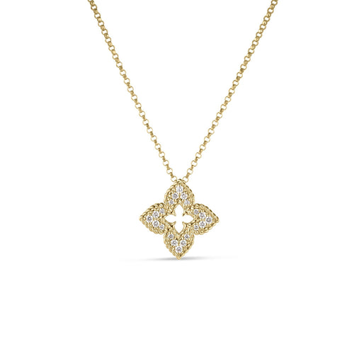 Roberto Coin Jewelry - Venetian Princess 18K Yellow Gold Diamond Pavé Flower Small Pendant Necklace | Manfredi Jewels