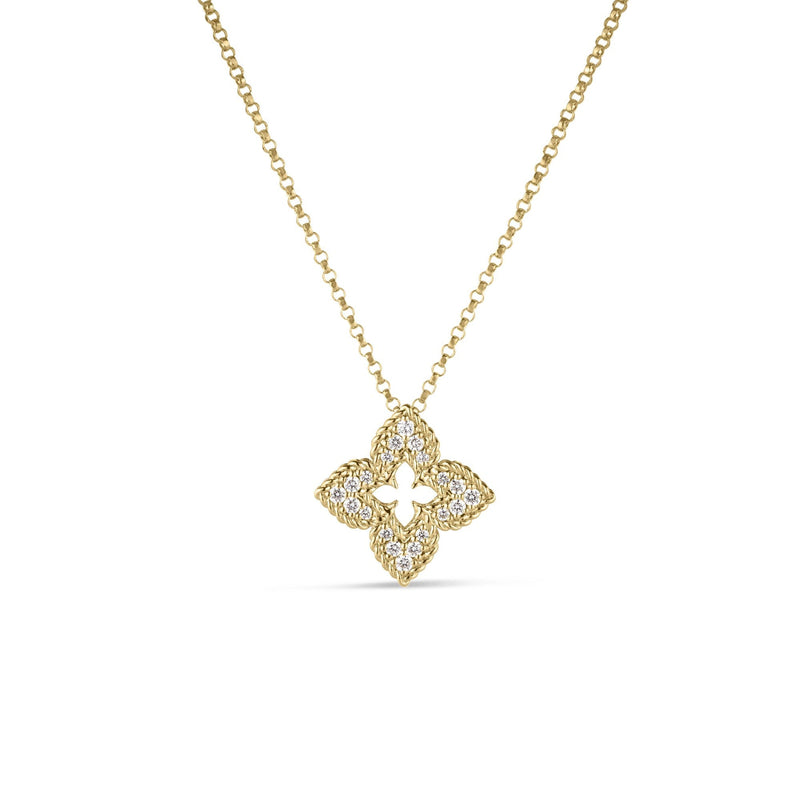 Roberto Coin Jewelry - Venetian Princess 18K Yellow Gold Diamond Pavé Flower Small Pendant Necklace | Manfredi Jewels