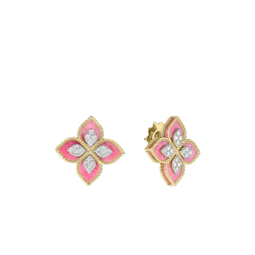 Roberto Coin Jewelry - Venetian Princess 18K Yellow Gold Diamond & Rhodonite Flower Stud Earrings | Manfredi Jewels