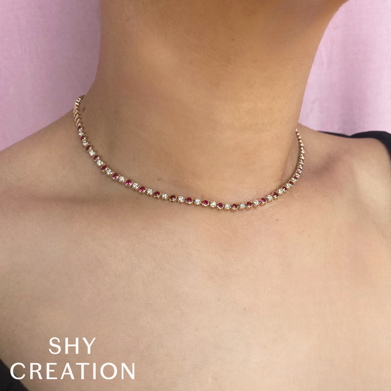 Shy Creation Jewelry - 14K Yellow Gold 2.18 ct Diamond and Ruby Bezel Set Tennis Necklace | Manfredi Jewels