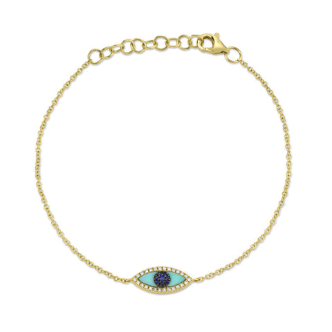 14K Yellow Gold Blue Sapphire & Composite Turquoise Eye Diamond Bracelet