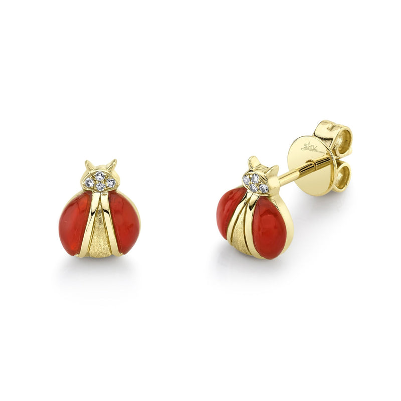 Shy Creation Jewelry - Kate 14K Yellow Gold Diamond & Red Agate Ladybug Stud Earrings | Manfredi Jewels