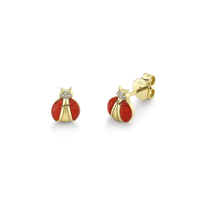 Shy Creation Jewelry - Kate 14K Yellow Gold Diamond & Red Agate Ladybug Stud Earrings | Manfredi Jewels