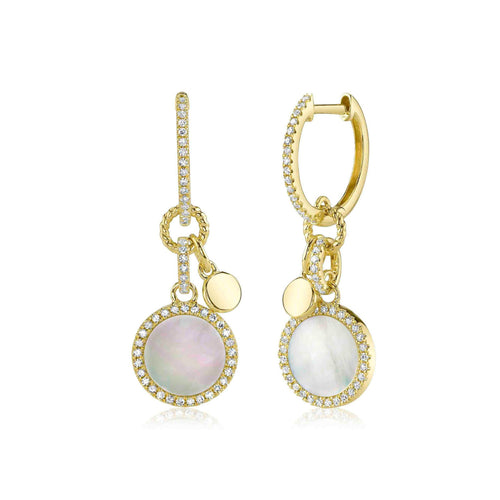 Shy Creation Jewelry - Kate 14K Yellow Gold Mother of Pearl & Diamond Circle Hoop Drop Earrings | Manfredi Jewels