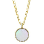 Shy Creation Jewelry - Kate 14K Yellow Gold Mother of Pearl & Diamond Pavé Circle Pendant on Paper Clip Link Faceted Double Chain Necklace