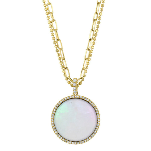 Shy Creation Jewelry - Kate 14K Yellow Gold Mother of Pearl & Diamond Pavé Circle Pendant on Paper Clip Link Faceted Double Chain Necklace