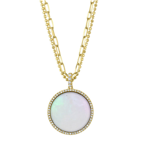 Kate 14K Yellow Gold Mother of Pearl & Diamond Pavé Circle Pendant on Paper Clip Link Faceted Double Chain Necklace