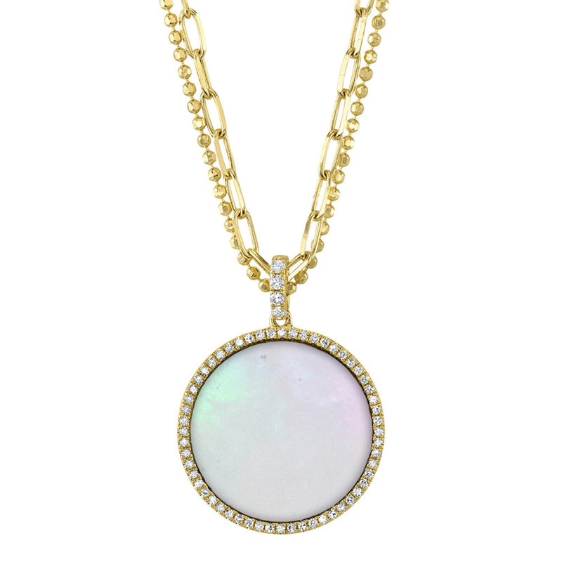 Shy Creation Jewelry - Kate 14K Yellow Gold Mother of Pearl & Diamond Pavé Circle Pendant on Paper Clip Link Faceted Double Chain Necklace