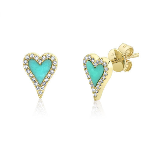 Shy Creation Jewelry - Kate 14K Yellow Gold Turquoise & Diamond Heart Stud Earrings | Manfredi Jewels