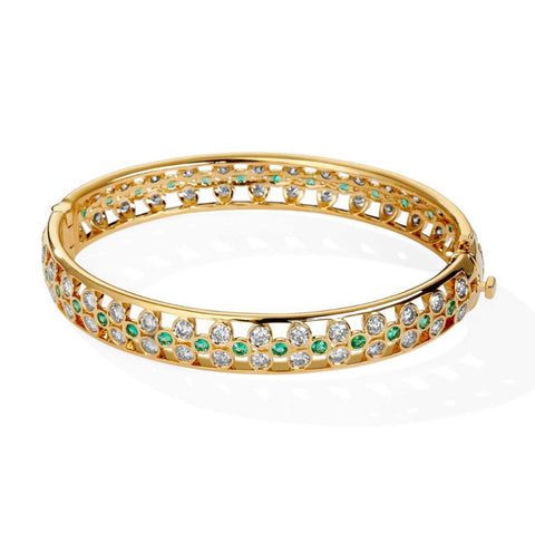 18K Yellow Gold Cosmic Oval Emerald and Diamond Bangle Bracelet