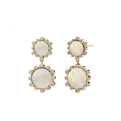 18K Yellow Gold Mother of Pearl & Diamond Double Drop Earrings