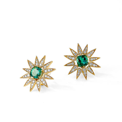 Syna Jewelry - Cosmic 18K Yellow Gold Tourmaline & Diamonds Sunburst Clip Earrings | Manfredi Jewels