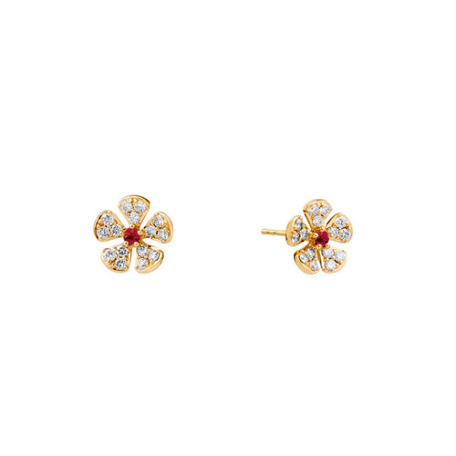 Syna Jewelry - Jardin 18K Yellow Gold Diamonds and Rubies Flower Studs | Manfredi Jewels