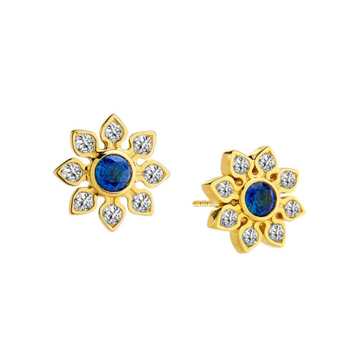 Syna Jewelry - Mogul 18K Yellow Gold Diamonds and Sapphires Flower Studs Earrings | Manfredi Jewels