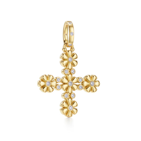 Amulet 18K Yellow Gold Diamond Flower "Fiori" Cross Pendant