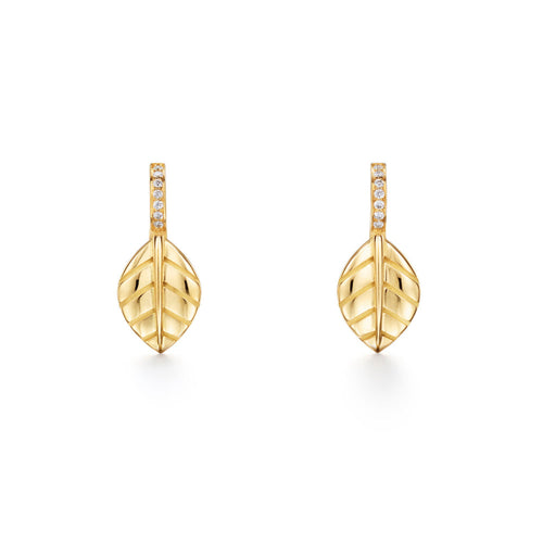 Temple St Clair Jewelry - Argadia 18K Yellow Gold Diamond Leaf Drop Hoop Earrings | Manfredi Jewels