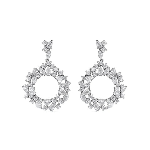 Diamond 18K White Gold Loop Drop Earrings with Round and Fancy Cut Diamonds