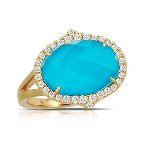 18KT YELLOW GOLD, CLEAR QUARTZ OVER TURQUOIOSE &  DIAMOND OVAL SHAPED HALO RING