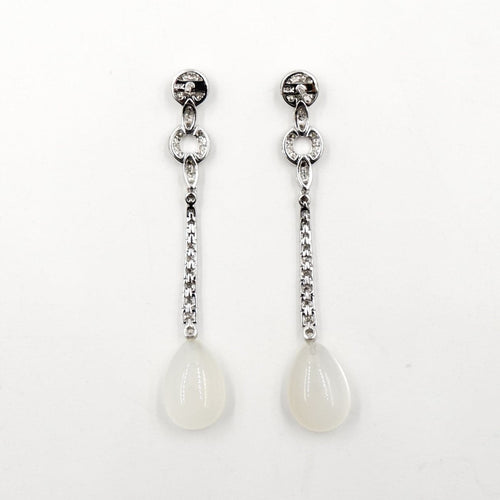 Estate Jewelry - 18K White Gold Diamond Art Deco Moonstone Drop Earrings | Manfredi Jewels