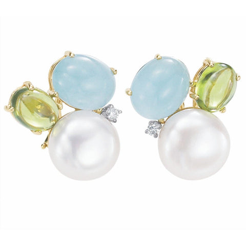 Mazza Aquamarine Peridot Pearl and Diamond Yellow Gold Earring