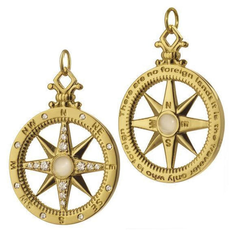 18KT Yellow Gold Global Compass Charm with Center Cabochan Moonstone and Diamonds